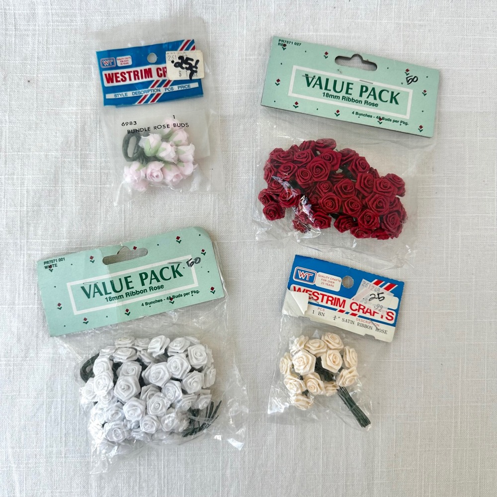 Vintage Satin Ribbon Roses Lot 1980s Westrims Rosebuds Sewing Craft Trim NOS
